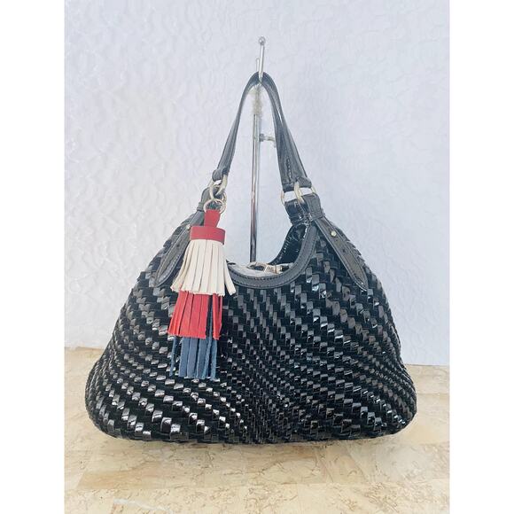 Cole Haan black Genevieve woven leather triangle shape shoulder bag - Picture 1 of 9